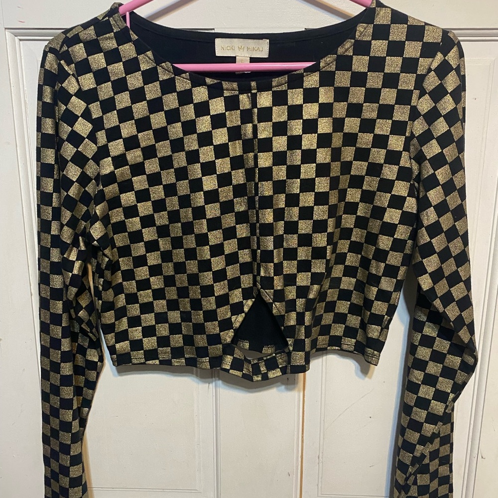 Black & Gold Long Sleeve Checkered Women's Candice Crop Top by Nicki Minaj
